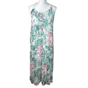 Olivaceous Tropical Floral Tiered Maxi‎ Dress Small White Green Pink Resortwear